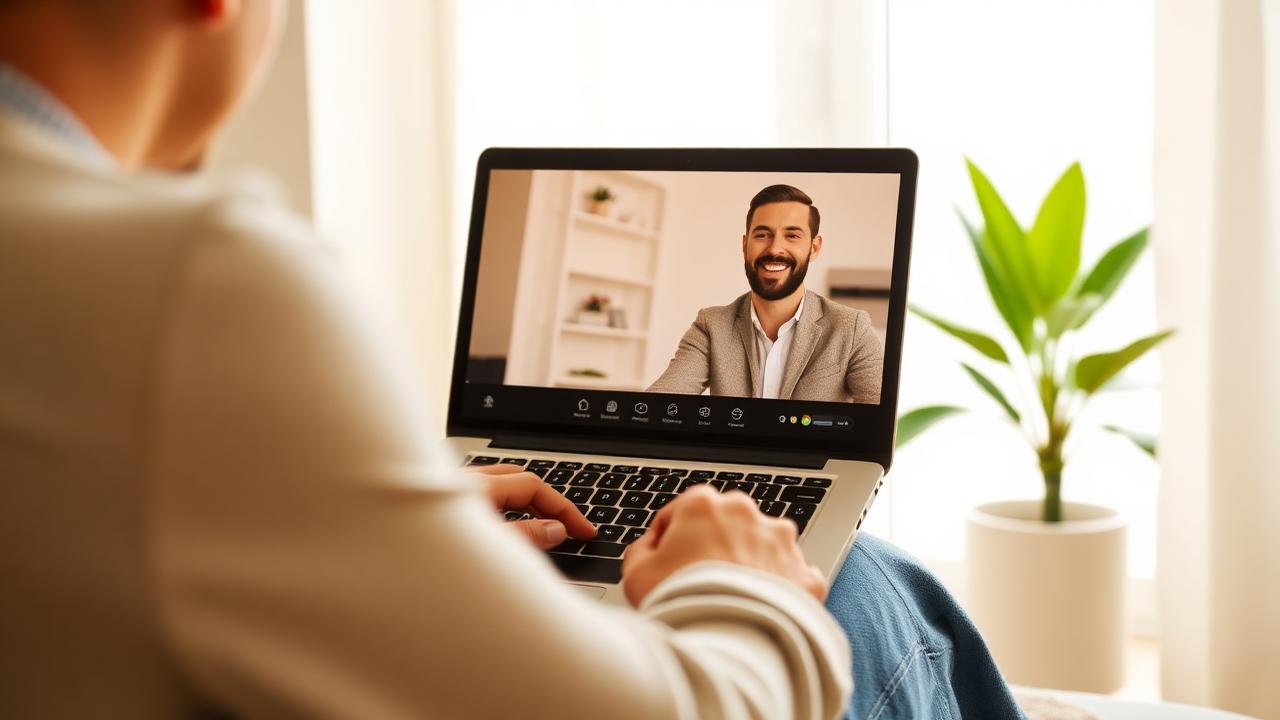 Osoba podczas konsultacji psychologicznej online przez laptop